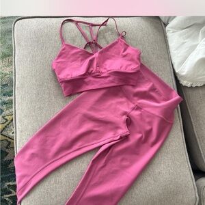 ALO Yoga Rose Pink Strappy Sports Bra and Leggings Set